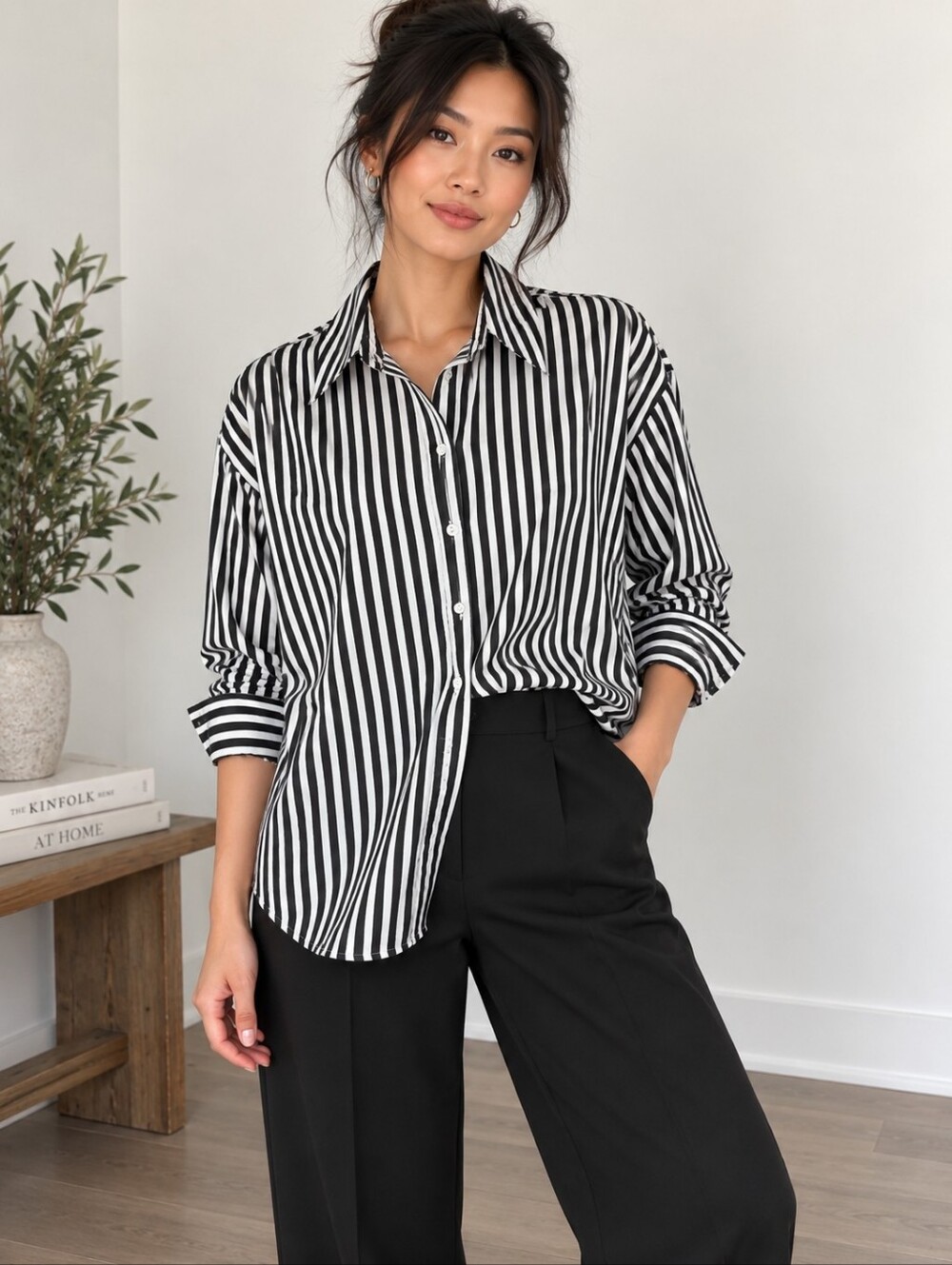 Brunette The Label Women's Oversized Striped Button Up Shirt Black White XS/S